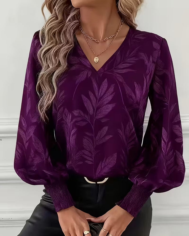 Blouse Leaf Pattern V-Neck Long Sleeve