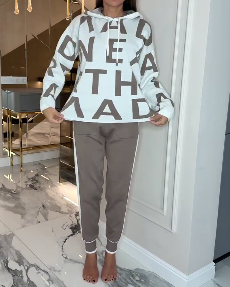 Two Piece Hoodie Set with Letter Print