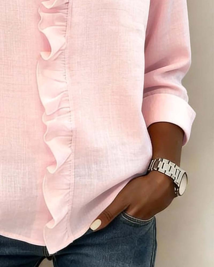 Ruffled Blouse with V-Neck and Long Sleeves