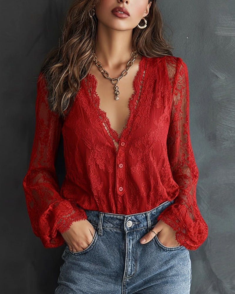 Long Sleeve Lace Blouse with V-Neck