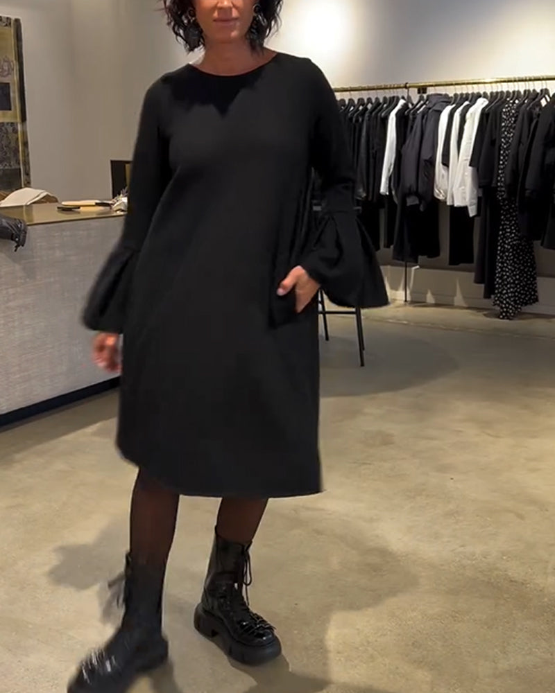 Dress Solid Color Bell Sleeve Ruched