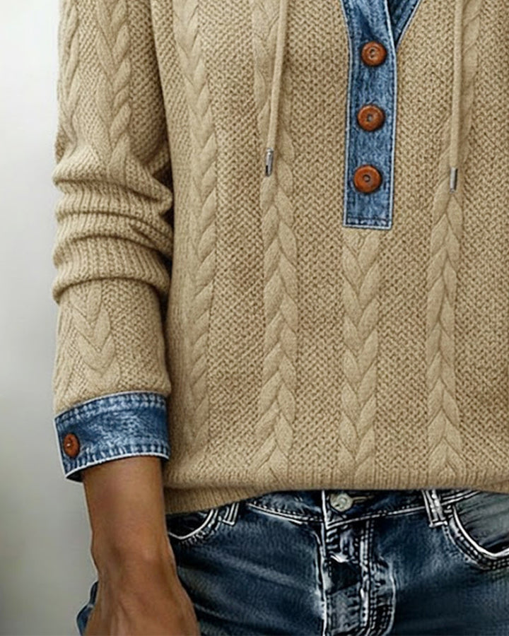 Color Blocked Long Sleeve Hoodie with Buttons