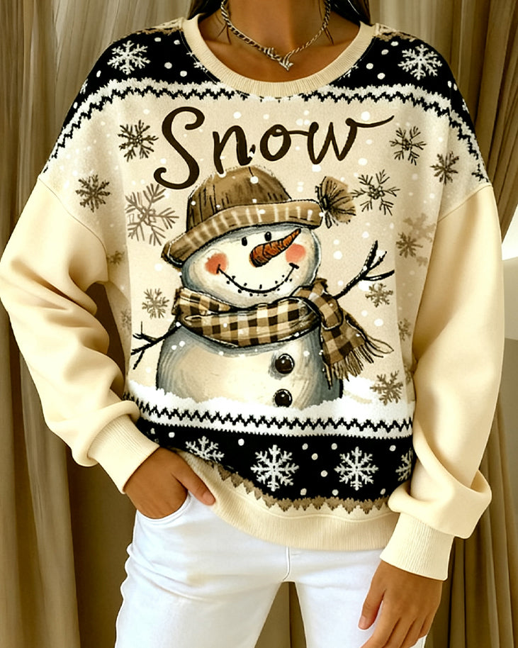 Long Sleeve Casual Sweatshirt with Snowman Print