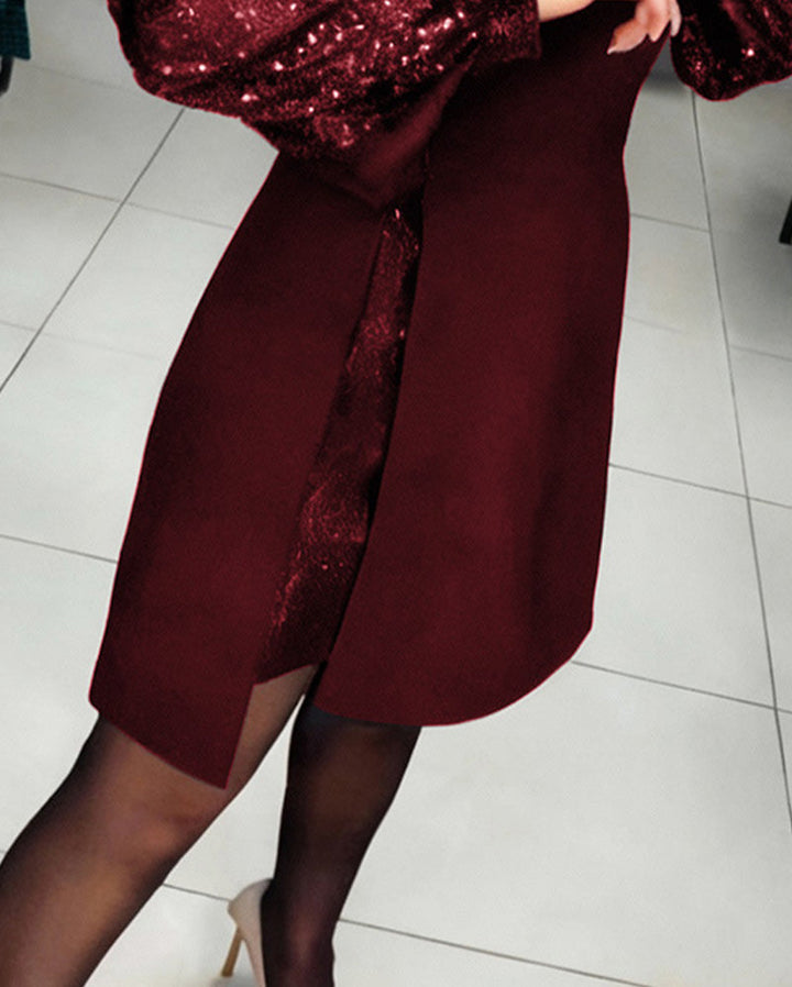 Elegant Dress with Puff Sleeves and Patchwork Details