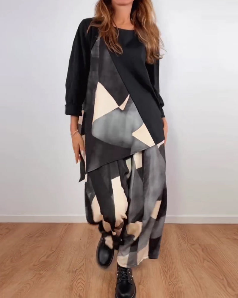 Casual Geometric Print Two-Piece Set Wide Pants