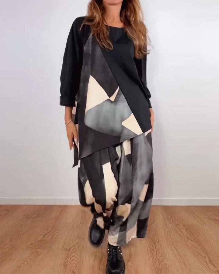 Casual Geometric Print Two-Piece Set Wide Pants