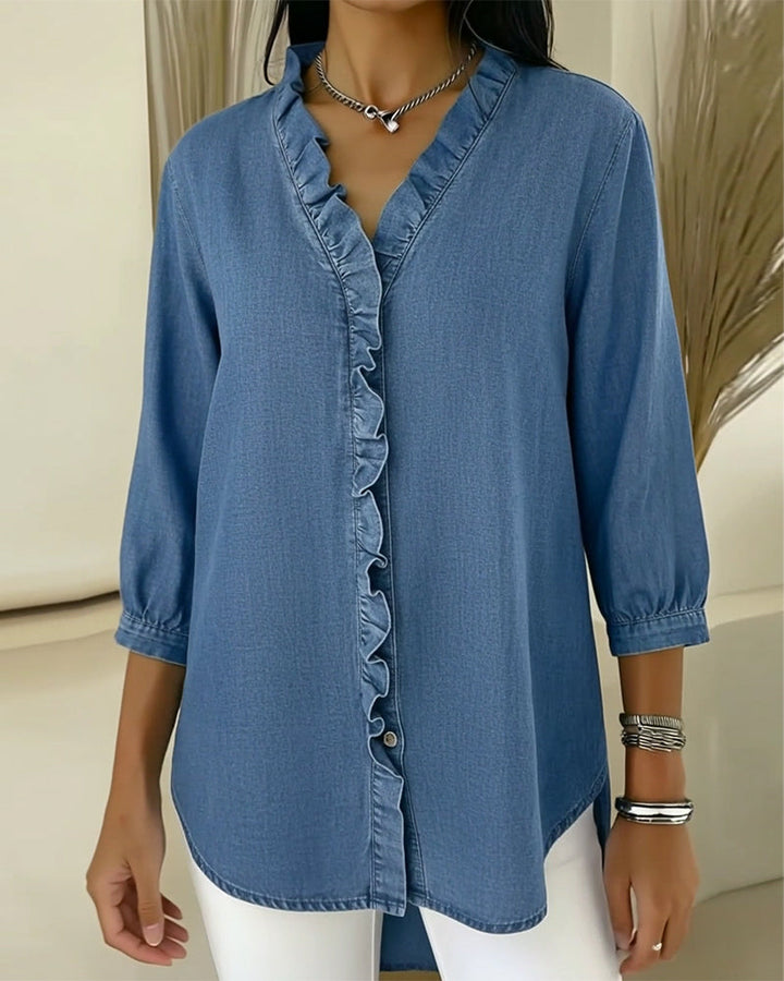Blouse Ruffle V-neck Denim
