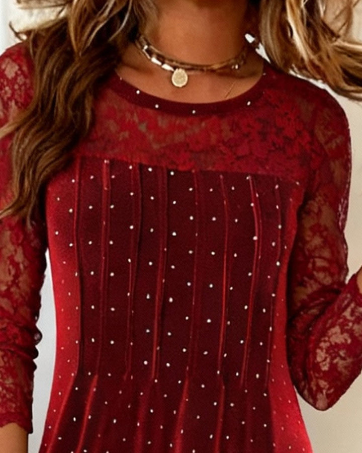 Solid Color Dress With Patchwork Details And Polka Dot Pattern