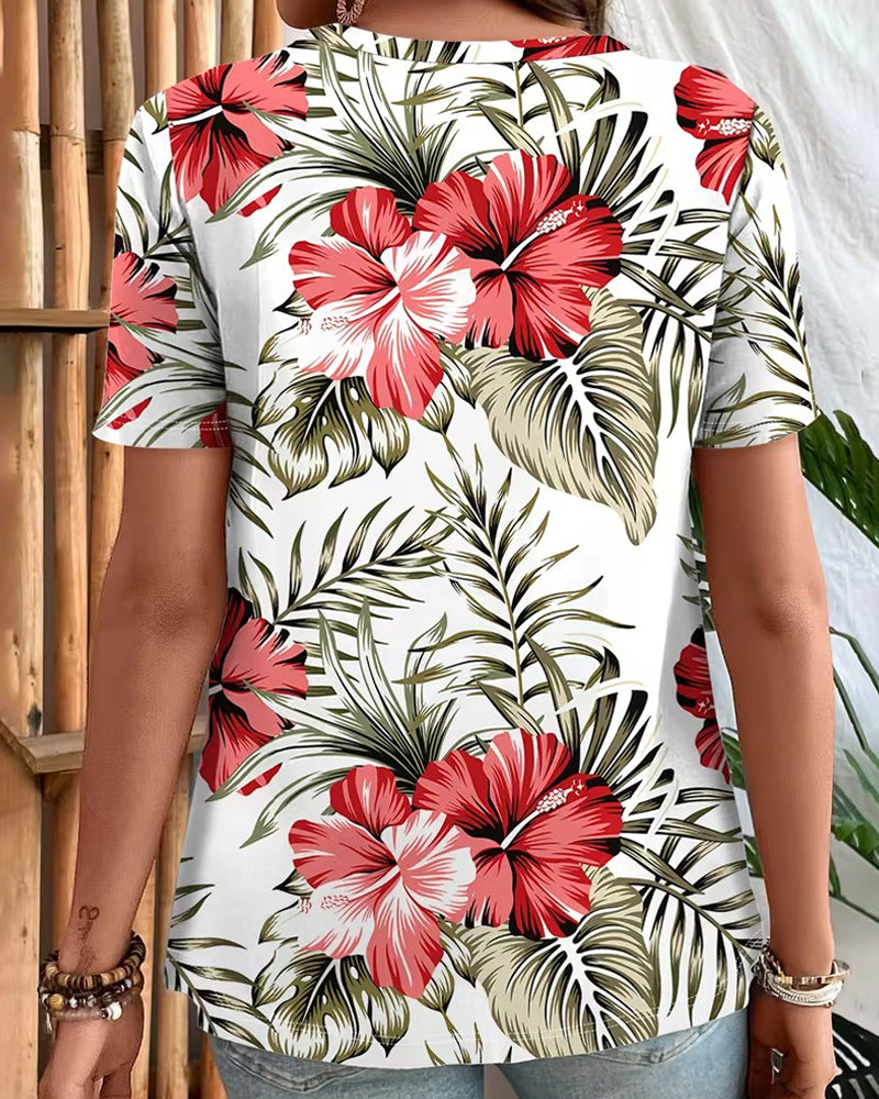 T-Shirt V-Neck Leaf Print Short Sleeve