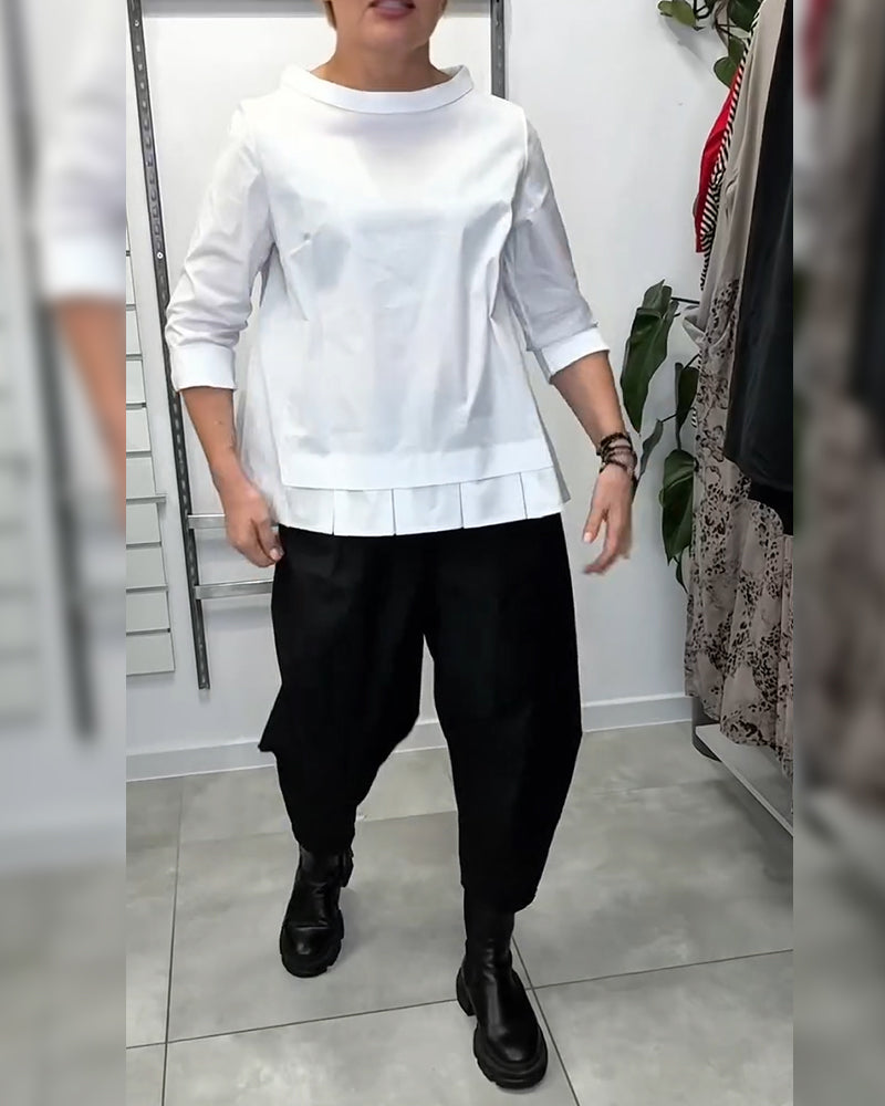 100% Cotton Blouse Wide Collar Solid Color Casual