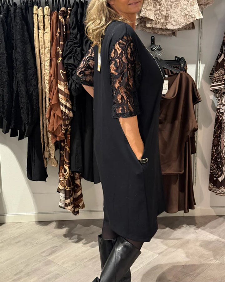 Stylish V-Neck Dress with Lace Sleeves