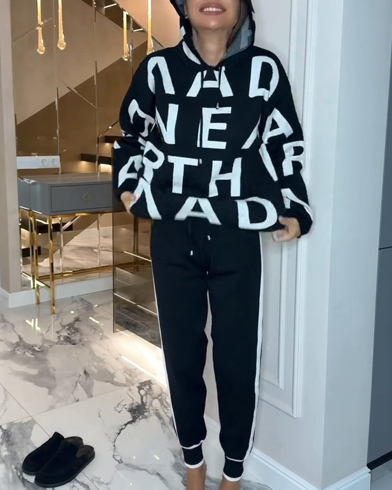 Two Piece Hoodie Set with Letter Print