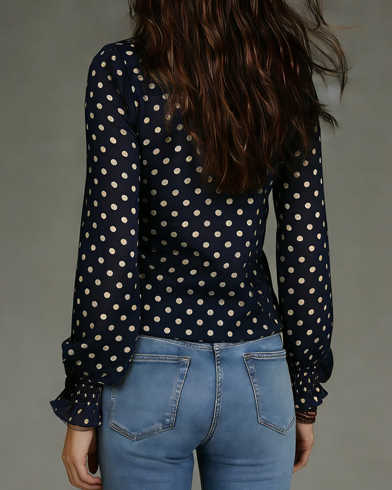 Polka Dot Ruffle Half-Zip Blouse