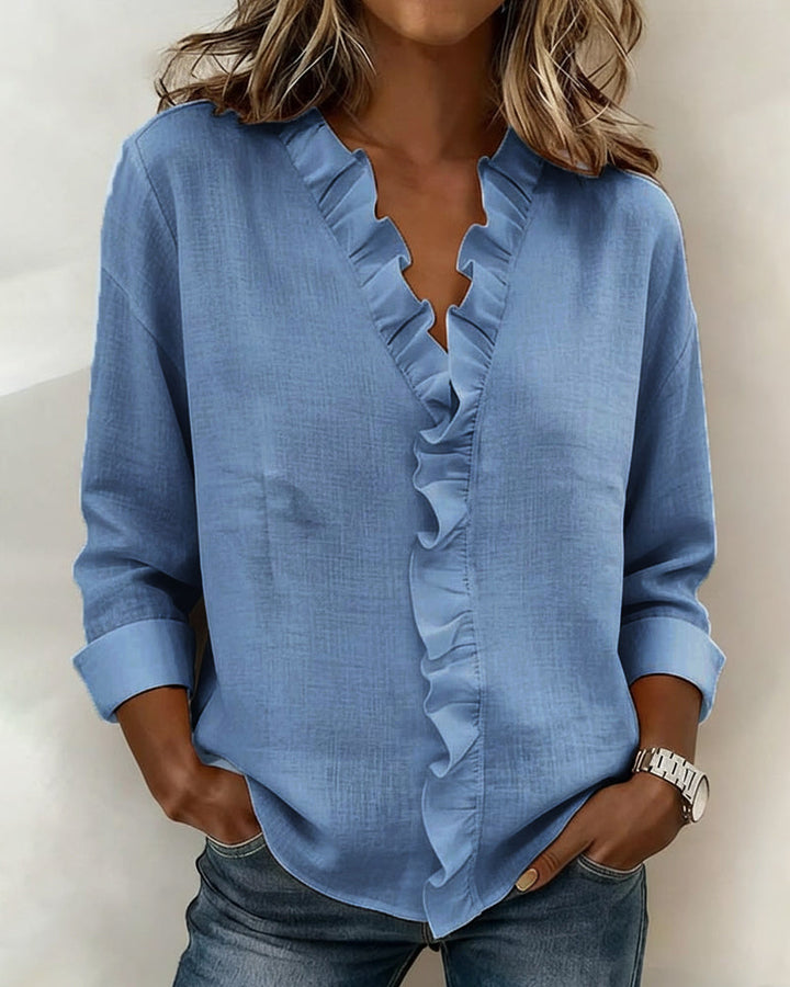 Ruffled Blouse with V-Neck and Long Sleeves