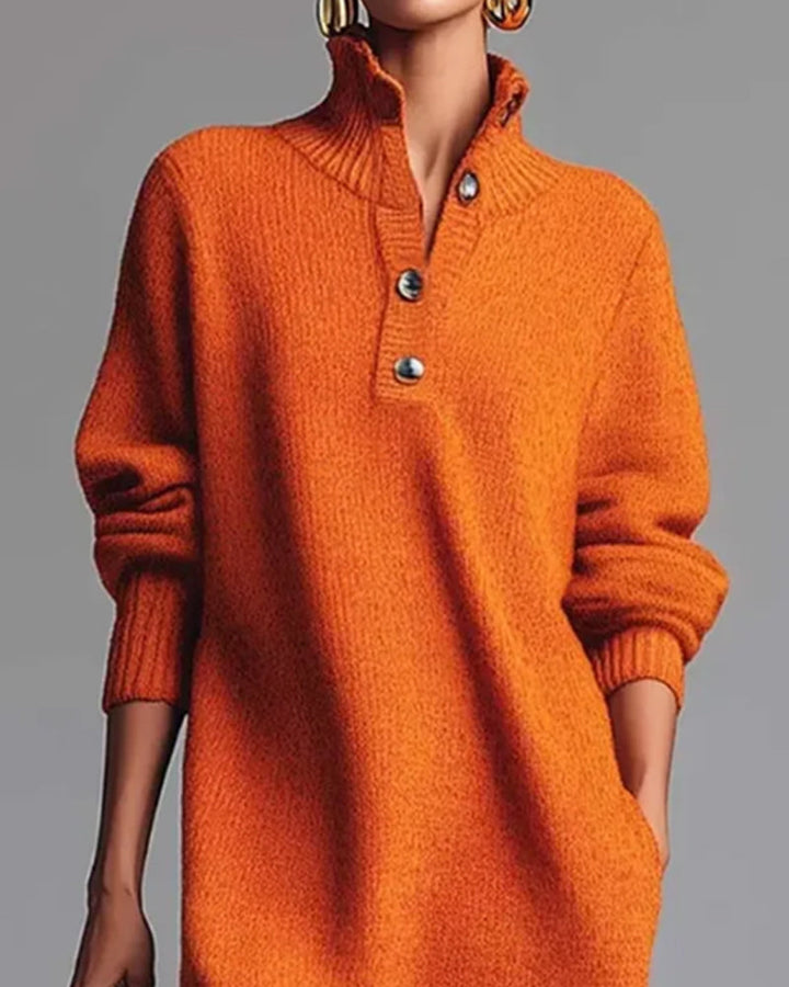 Solid Color Dress with Buttons and High Neck