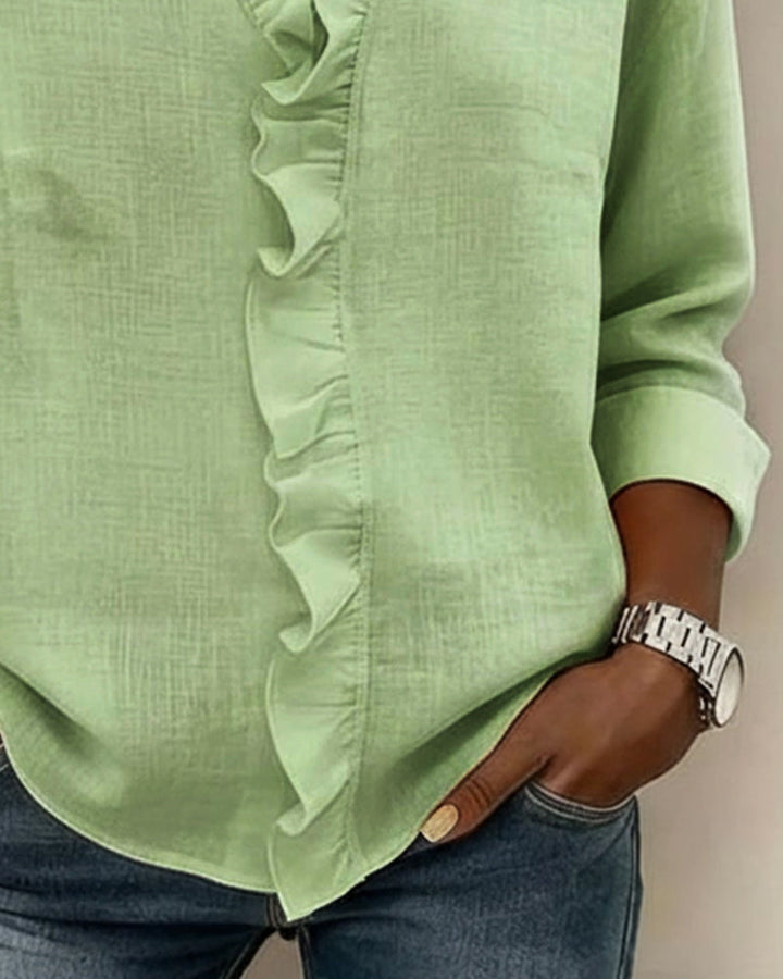 Ruffled Blouse with V-Neck and Long Sleeves