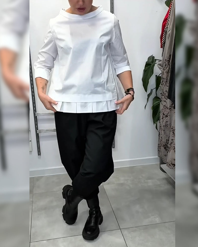 100% Cotton Blouse Wide Collar Solid Color Casual