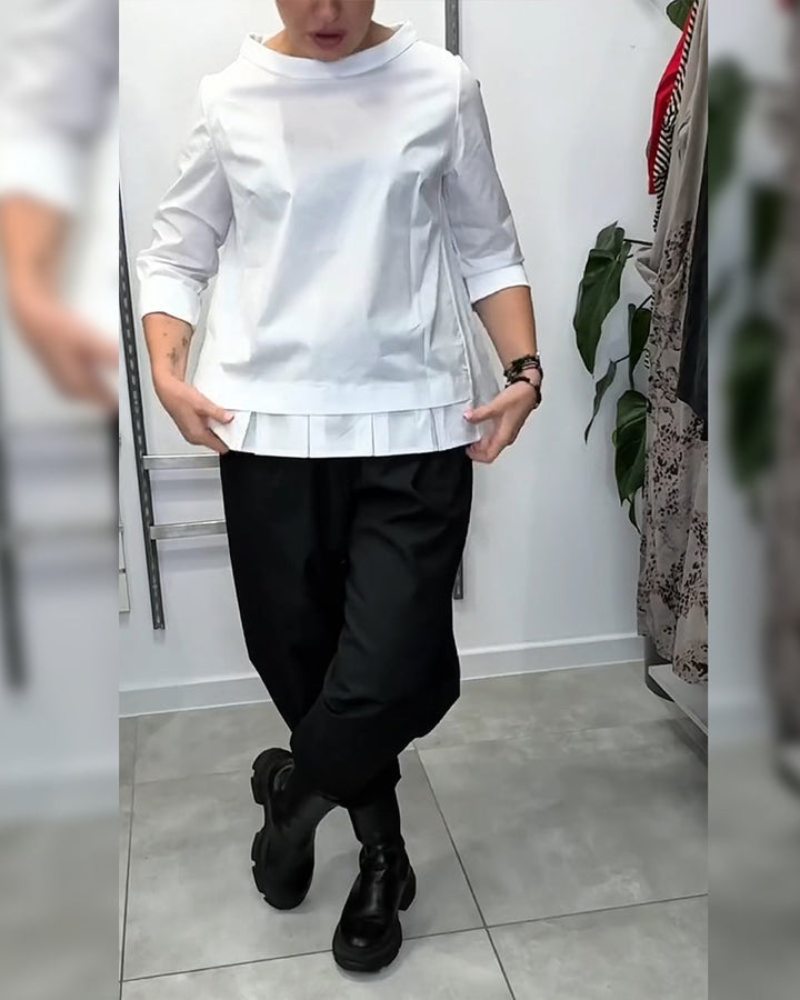 100% Cotton Blouse Wide Collar Solid Color Casual