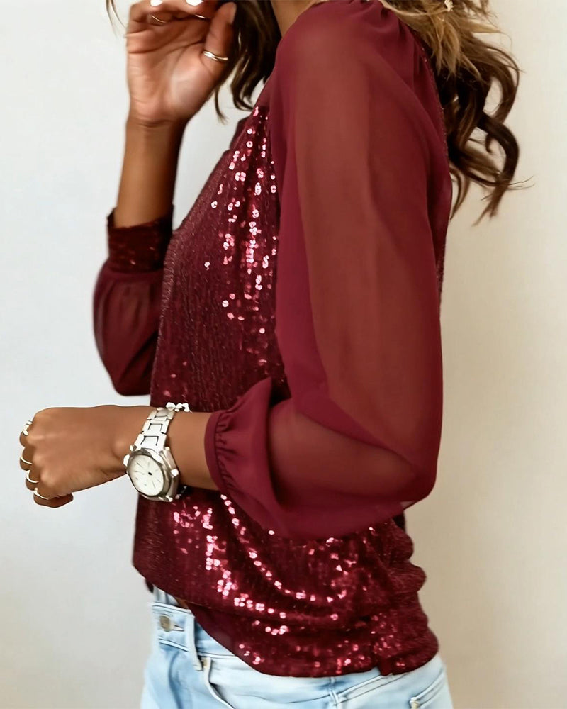Top Sequin Panel Round Neck Long Sleeve