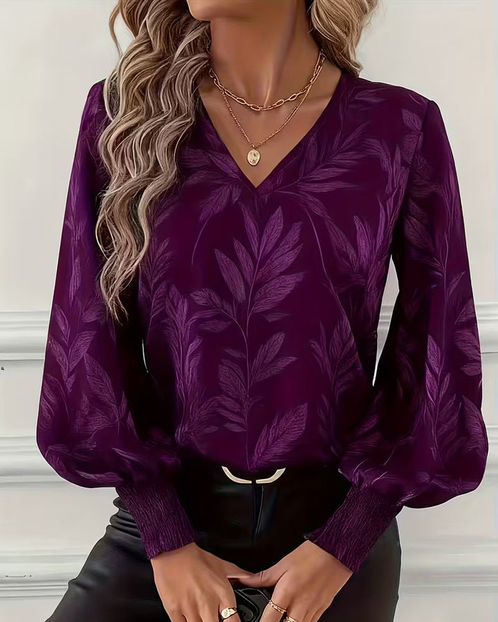 Blouse Leaf Pattern V-Neck Long Sleeve