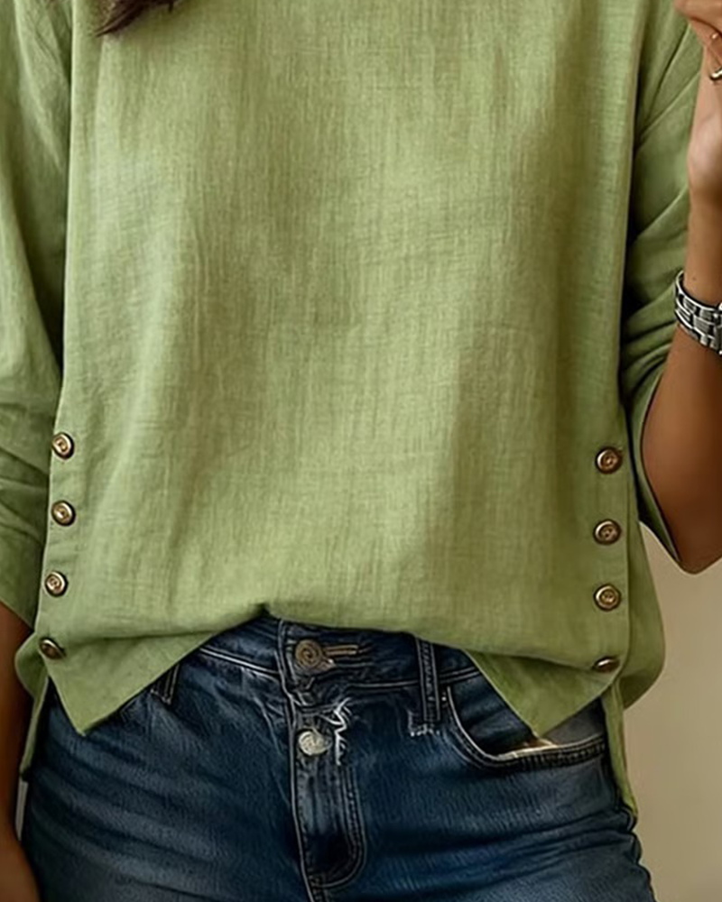Casual Round Neck Button Design Top