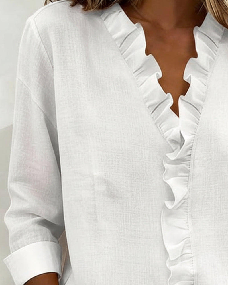 Ruffled Blouse with V-Neck and Long Sleeves