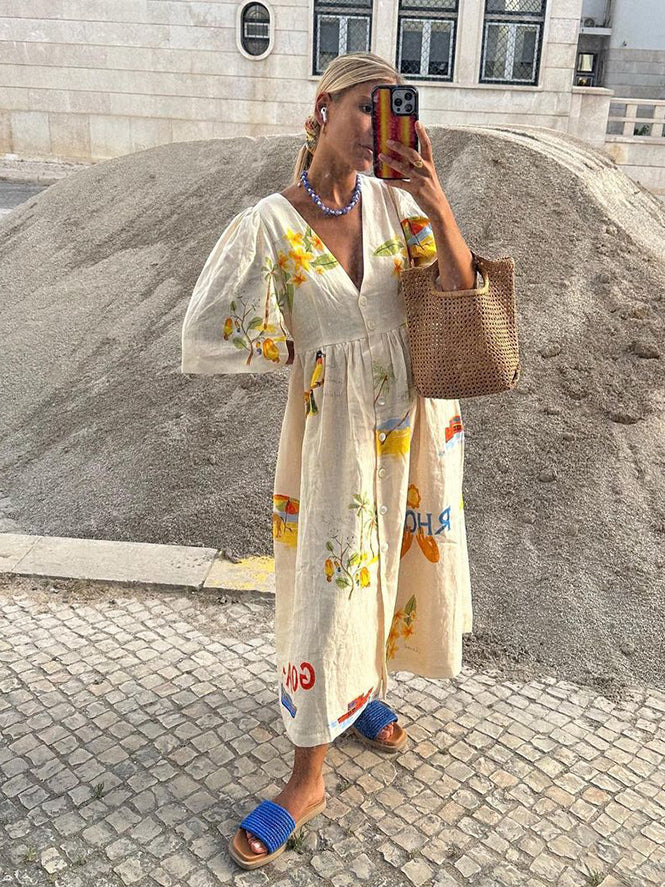 Zoey – Summer Midi Dress with Illustration Print