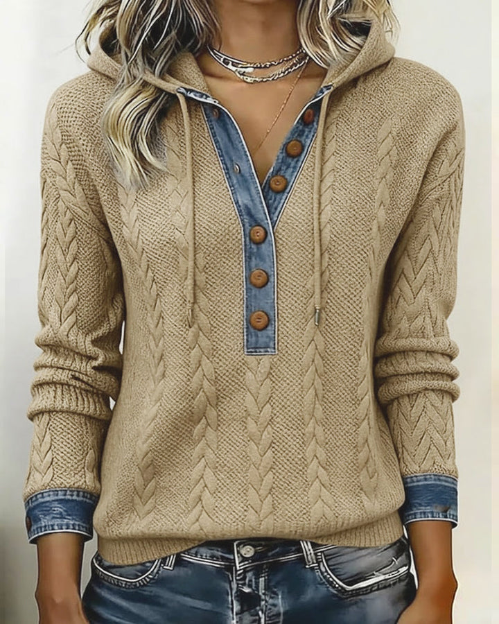 Color Blocked Long Sleeve Hoodie with Buttons