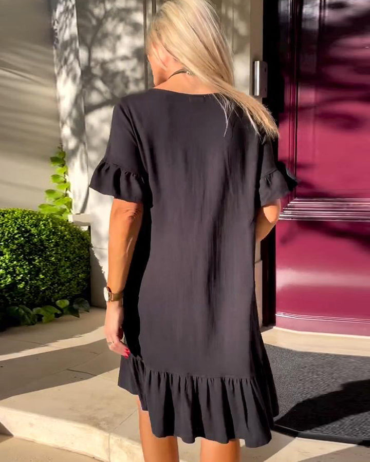 Dress V-Neck Short Flared Sleeve A-Line