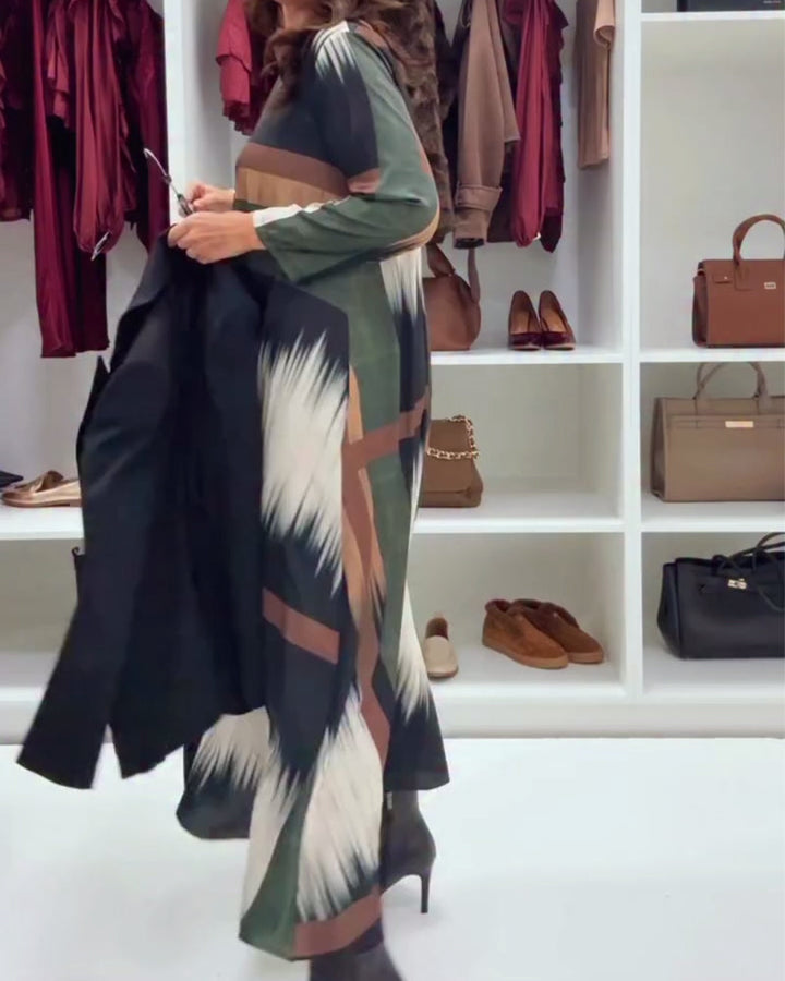 Modern Printed Dress With Round Neckline And Long Sleeves