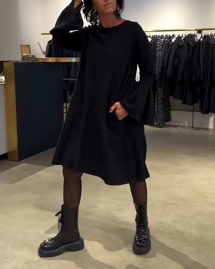 Dress Solid Color Bell Sleeve Ruched