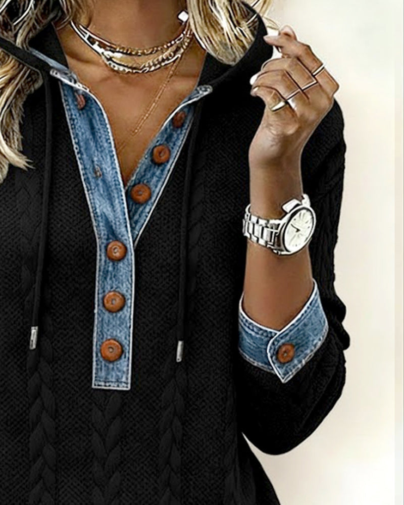 Color Blocked Long Sleeve Hoodie with Buttons