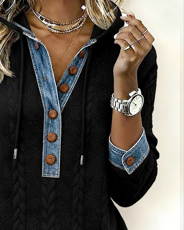 Color Blocked Long Sleeve Hoodie with Buttons