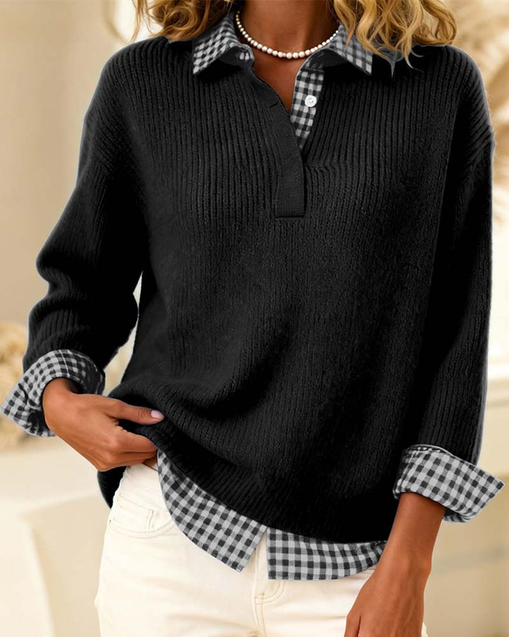 Solid Color Pullover with Checkered Patchwork