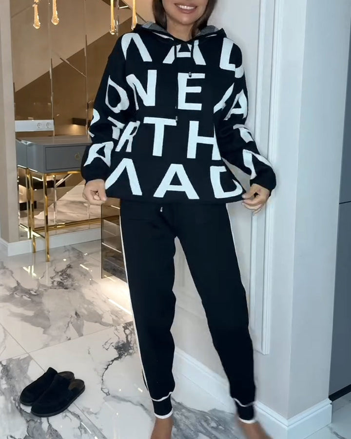 Two Piece Hoodie Set with Letter Print
