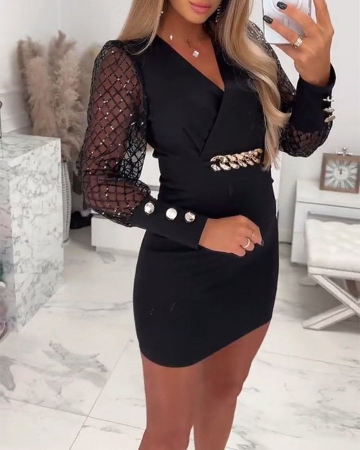 Dress with V-Neck, Chain Buttons, and Mesh Patchwork