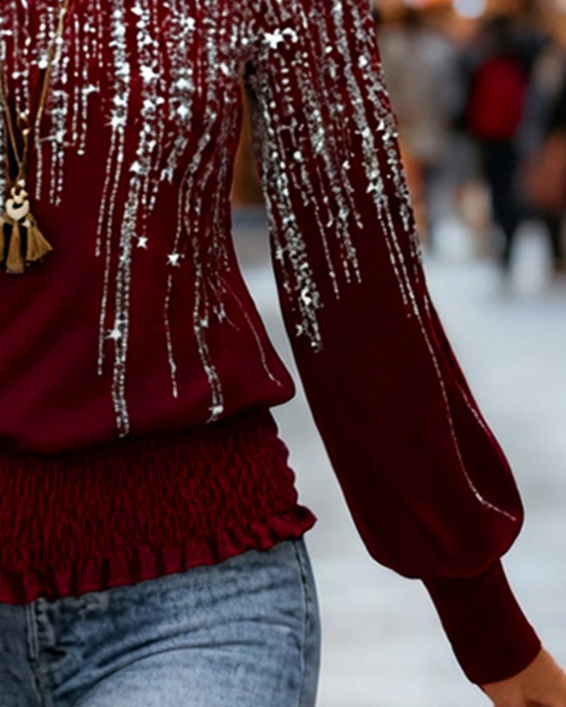 Modern Printed Long Sleeve Top with Round Neckline