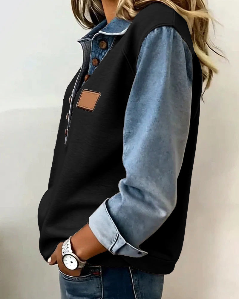 Stylish Sweatshirt with Denim Patchwork and Long Sleeves