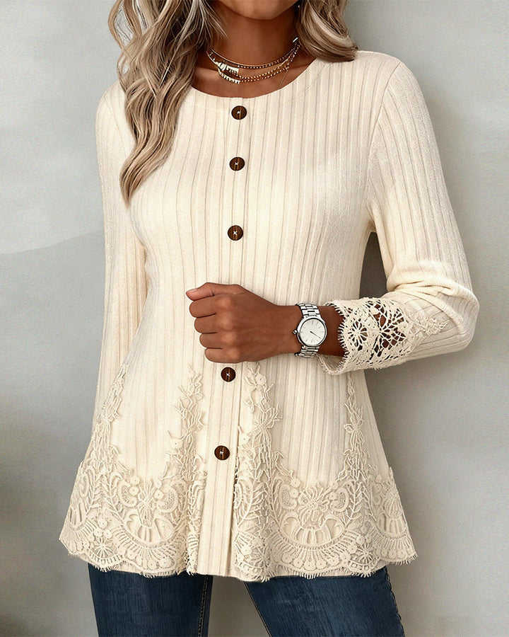 Long Sleeve Blouse with Rib Structure and Brushed Finish