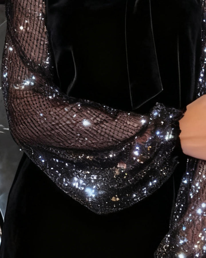 Elegant Dress with Lantern Sleeves and Patchwork