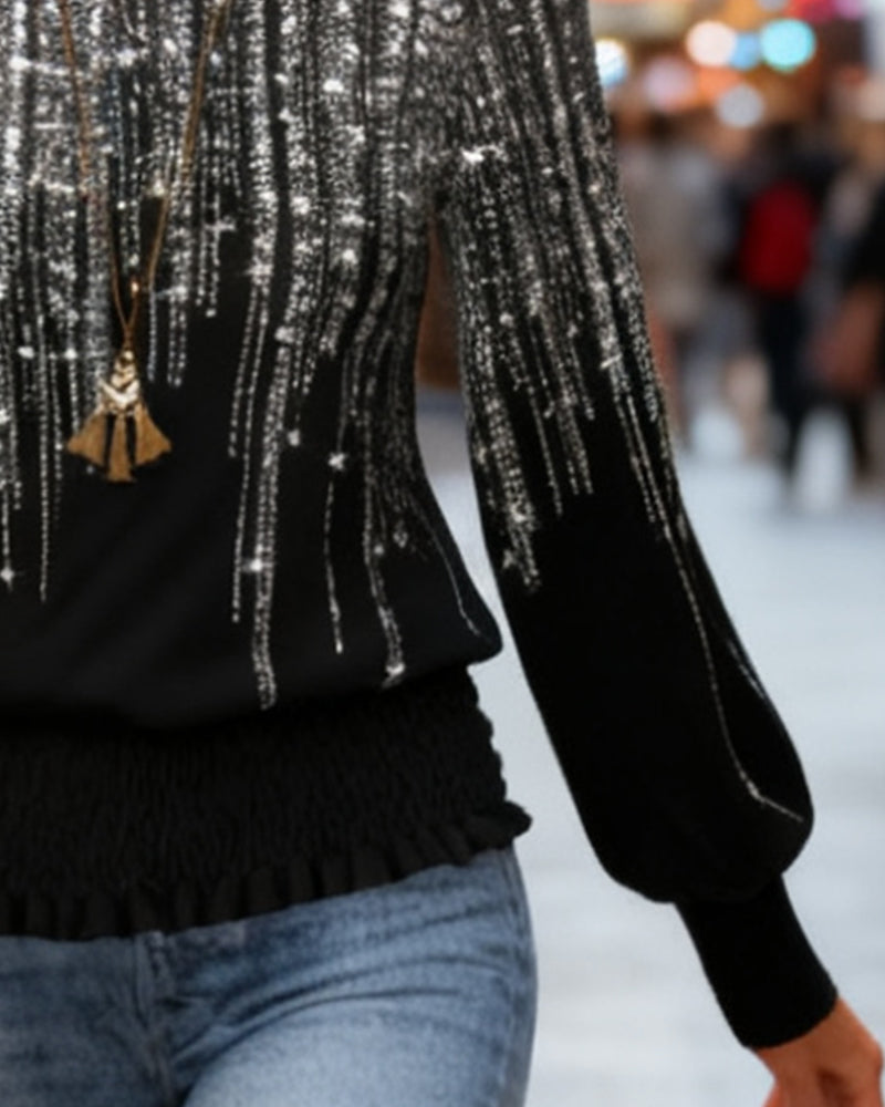 Modern Printed Long Sleeve Top with Round Neckline