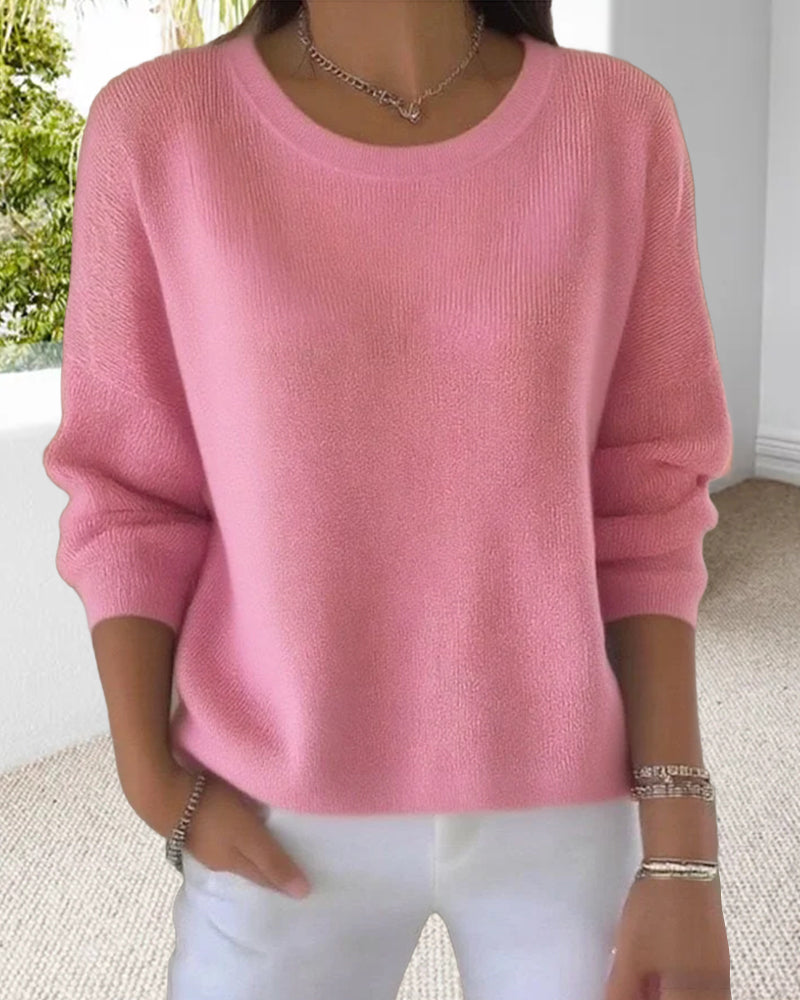 Solid Color Sweater with Round Neck and Drop Shoulder
