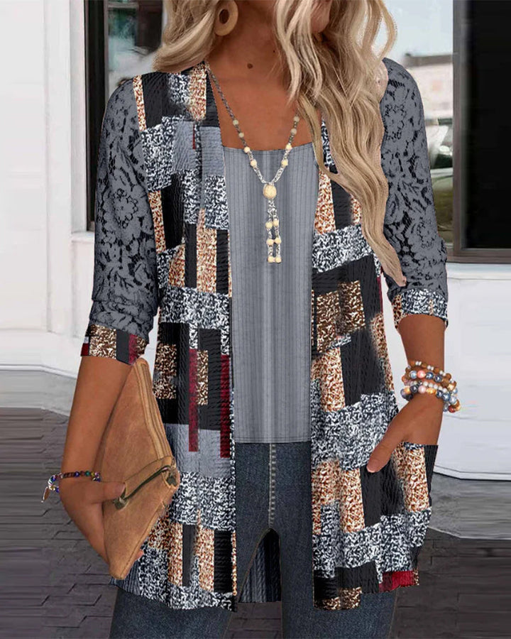 Long-Sleeve Blouse with Print and Faux Two-Piece Look