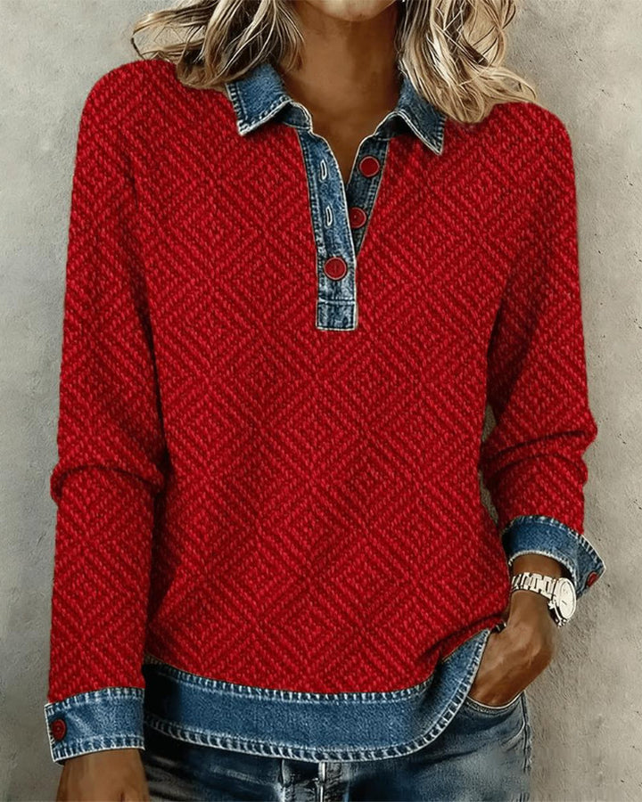 Sweatshirt with Collar Denim Patchwork