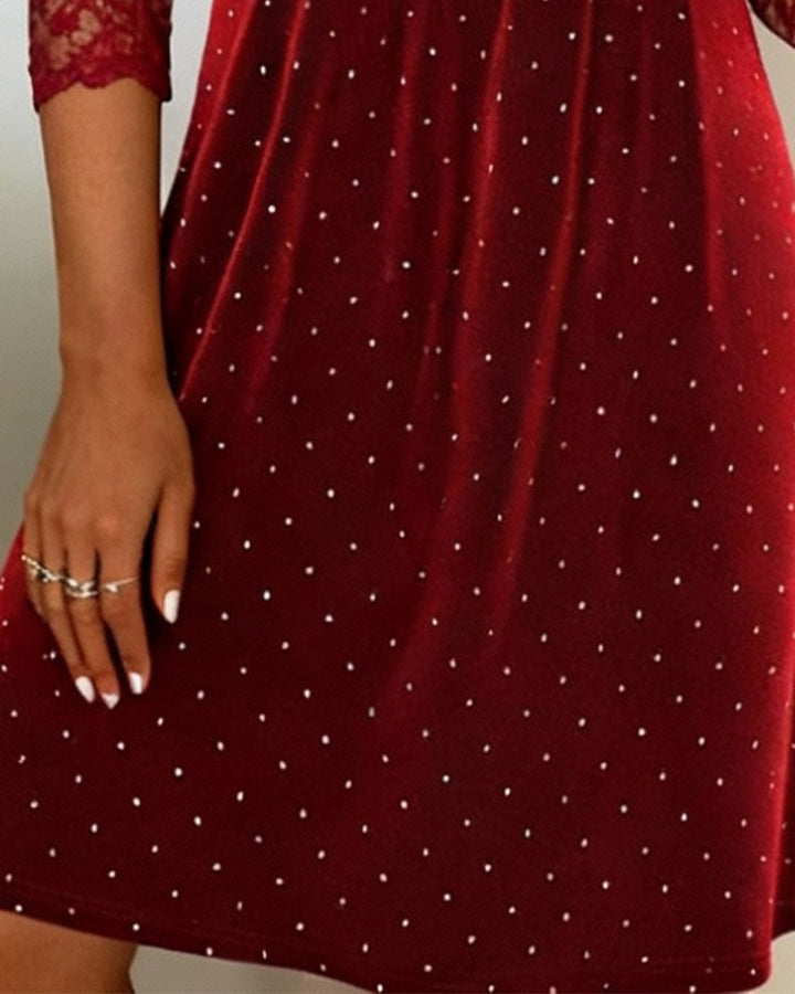 Solid Color Dress With Patchwork Details And Polka Dot Pattern