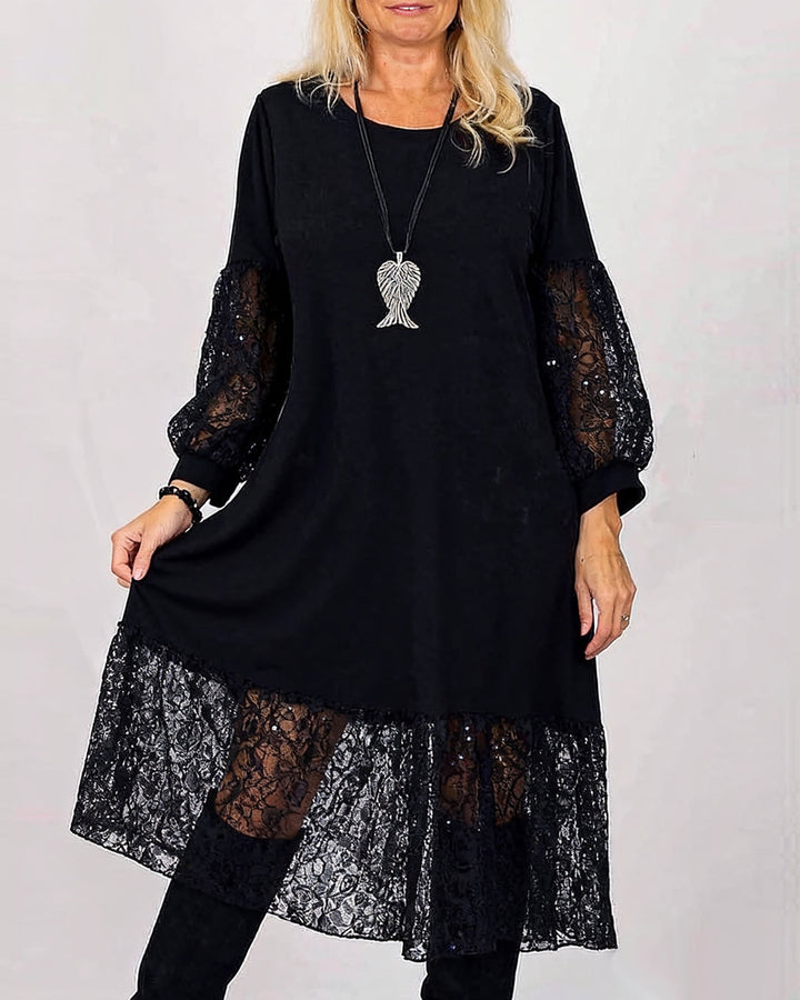 Dress Round Neck Lace Patchwork Loose