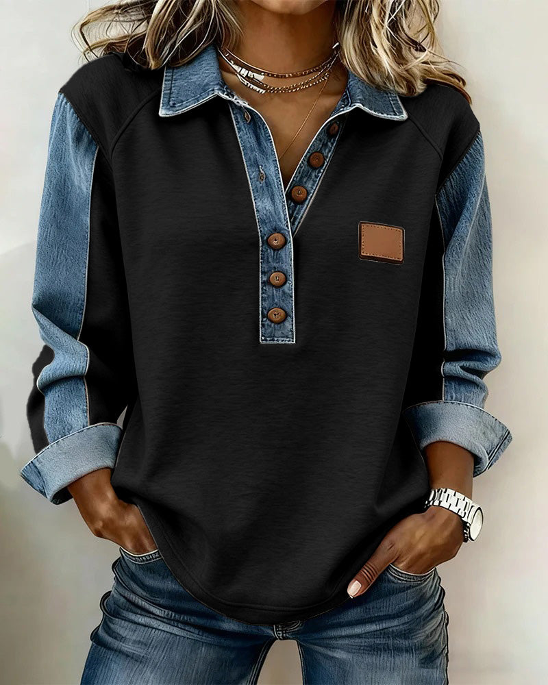 Stylish Sweatshirt with Denim Patchwork and Long Sleeves