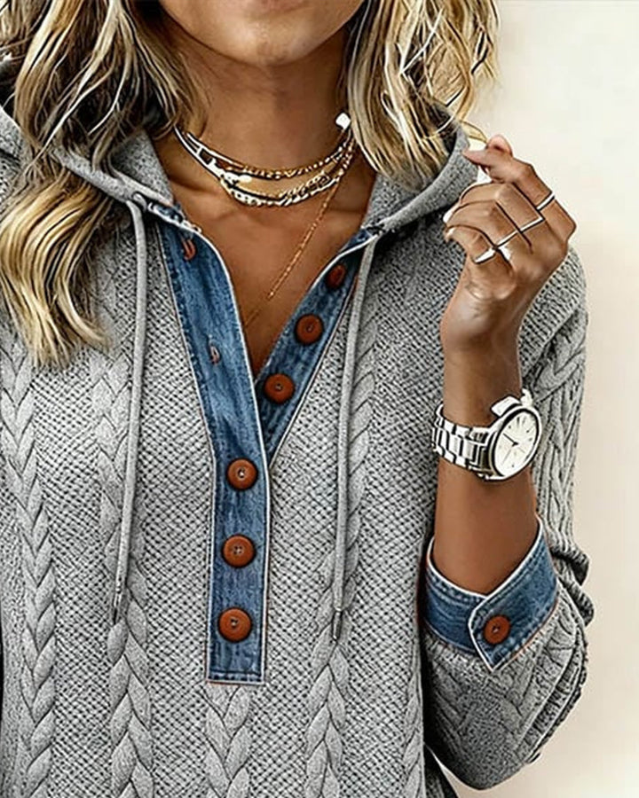 Color Blocked Long Sleeve Hoodie with Buttons