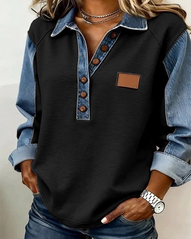 Stylish Sweatshirt with Denim Patchwork and Long Sleeves