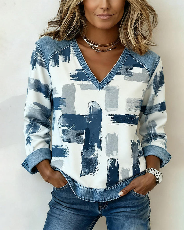 Long-Sleeve Sweatshirt with Ink Painting Print and Patchwork